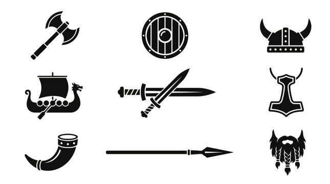 Black viking warrior equipment and weapon icon set