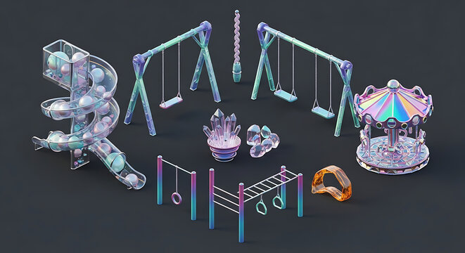 A vibrant iridescent fantasy playground clipart set featuring crystal glass swings a spiral slide and carousel icons for magical game design