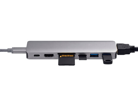 Modern silver USB C hub with multiple ports including HDMI SD card reader USB 3.0 and USB C ports PNG Isolated on transparent background