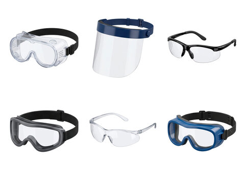 Collection of protective eyewear including safety goggles and a face shield for eye protection and safety PNG Isolated on transparent background