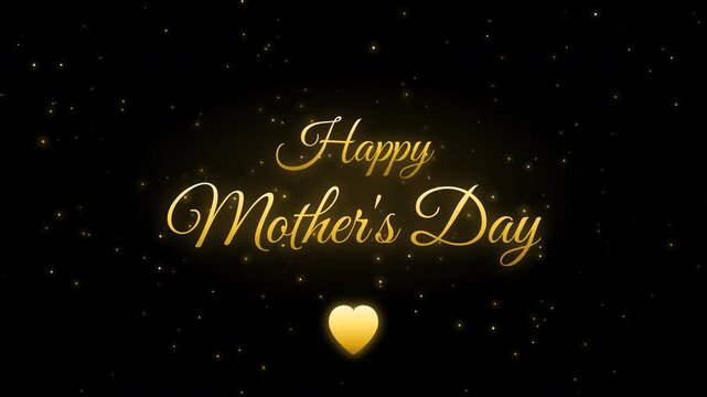 Golden Sparkling Mother's Day Typography with Pulsing Heart and Particles