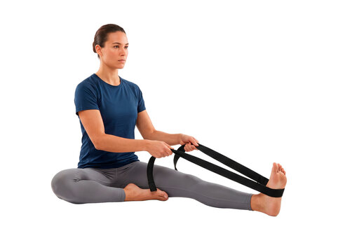 Woman practicing yoga stretching hamstrings using a yoga strap for flexibility and balance in a seated pose PNG Isolated on transparent background