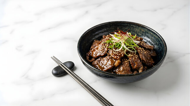 Delicious Korean Beef Bulgogi in a Black Bowl with Sesame Seeds and Green Onions on a Marble Tabletop