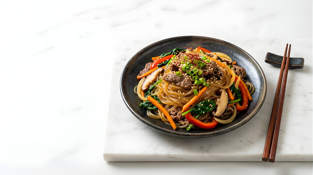 Delicious Korean Japchae Noodle Dish Prepared with Fresh Vegetables and Seasoned Beef Garnished with Sesame Seeds Served in a Dark Bowl with Chopsticks on a White Marble Countertop Overhead View