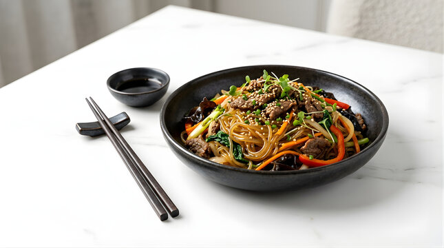 Delicious Korean Japchae Stir Fry Noodles with Beef Vegetables and Sesame Seeds in a Black Bowl Overhead Shot