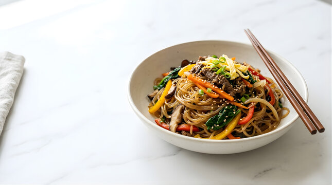 Delicious Korean Japchae Stir Fry Dish with Colorful Vegetables and Meat Served in a White Bowl with Chopsticks Ready to Eat on a Marble Countertop