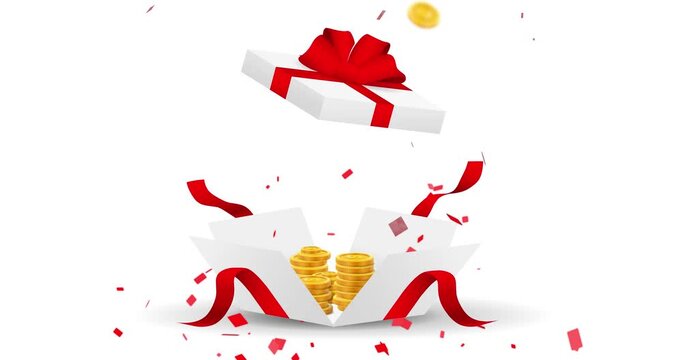 Realistic animation of a white gift box with a red ribbon opening to reveal falling gold coins and flying confetti on a white background