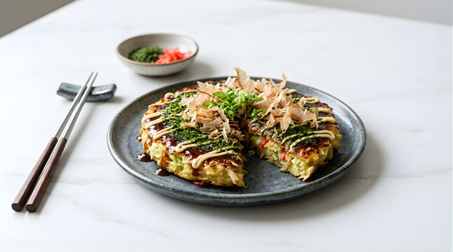 Delicious Okonomiyaki Savory Pancake Cut and Served on a Stylish Ceramic Plate with Chopsticks and Garnish in a Brightly Lit Kitchen Setting
