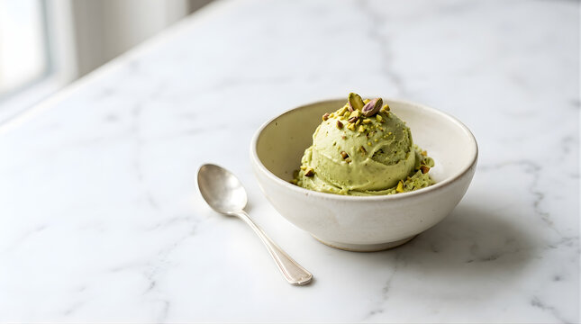Delicious Pistachio Ice Cream Scoop Garnished with Chopped Pistachios in a Rustic Bowl with a Silver Spoon on a Marble Countertop