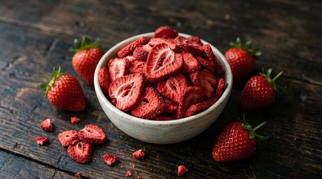 Freeze-Dried Strawberry Slices in Ceramic Bowl with Fresh Berries on Rustic Dark Wood Table