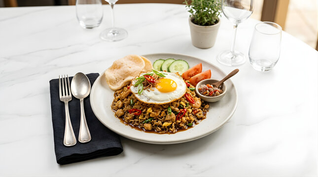 Delicious Plate of Savory Fried Rice Topped with a Fried Egg and Accompanied by Crispy Crackers and Fresh Cucumber Slices