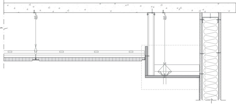 Technical CAD drawing of a ceiling-mounted retractable partition or barrier system showing horizontal track with suspension cables and rolled storage housing in cross-section.
