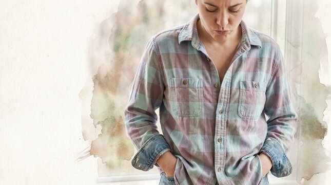 Young woman wearing flannel plaid shirt with hands in pockets by window - Concept of Cloth  
