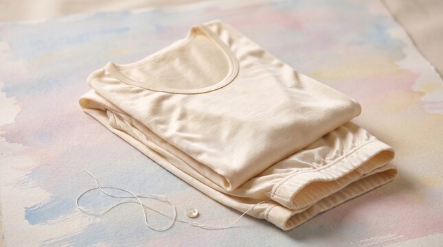 Folded thermal underwear set laid out on a pastel background, concept of Cloth  