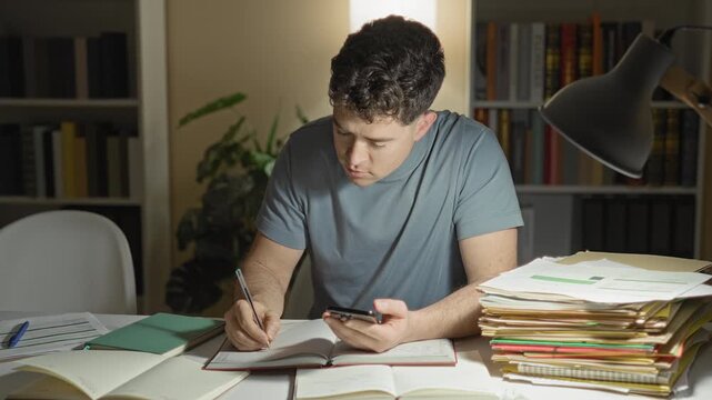 Man writing with pen while holding smartphone over notebooks and document stack in building; concentration late night study.