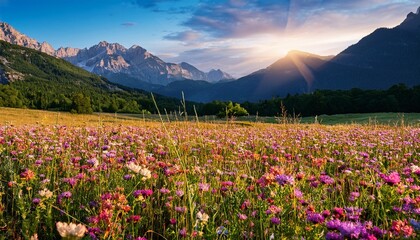 Obraz premium Colorful Wildflowers Blooming In Mountain Meadow Field Colorful Wildflowers Blooming Profusely Across A Vibrant Meadow With Blurred Mountains In Background