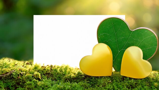 Herzen In Grun Gelb Natur Auf Hintergrund Aus Moos Mit Grossem Textfeld