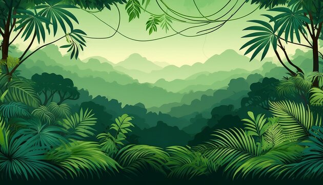 Jungle Landscape Layered Background With Rainforest Parallax Effect Horizontal Green Backdrop With Lianas Palms Trees And Bushes