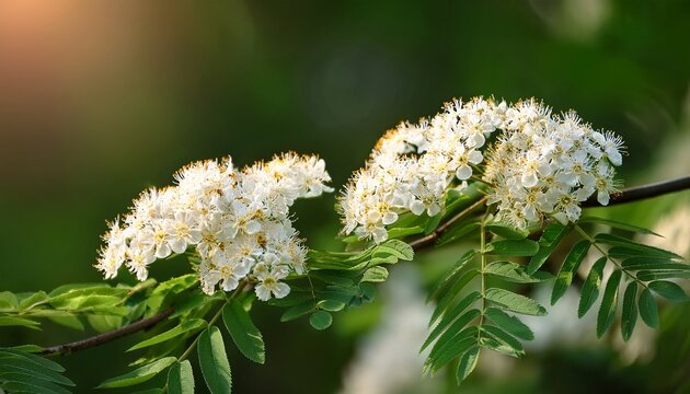 Mountain Ash Tree Branch With Cluster Of White Flowers Selective Focus