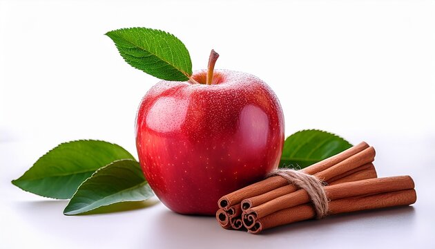 Red Apple With Green Leaf And Cinnamon Sticks