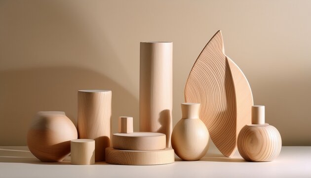 A Minimalist Still Life Composition Featuring Various Light Beige Wooden Forms Arranged On A Soft Beige Background