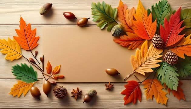 Cozy Greeting Card With Autumn Leaves And Acorns On Light Wooden Background