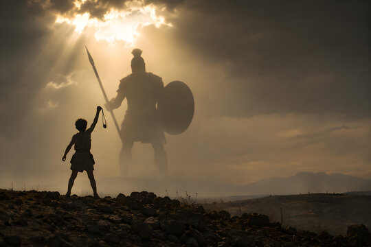 Small boy silhouette raising sling to face colossal giant warrior silhouette with spear and shield, David and Goliath courage and faith concept, underdog victory for motivational content