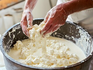 Fototapeta premium Artisan Curds Ladled Into Cheese Mold Dairy Craft for Blog Post
