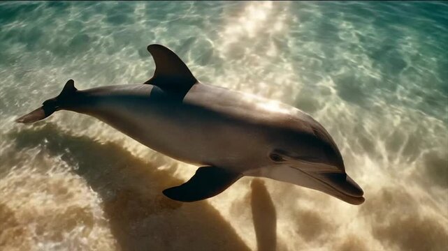 A sleek dolphin swims in clear, sunlit water near the sandy ocean floor