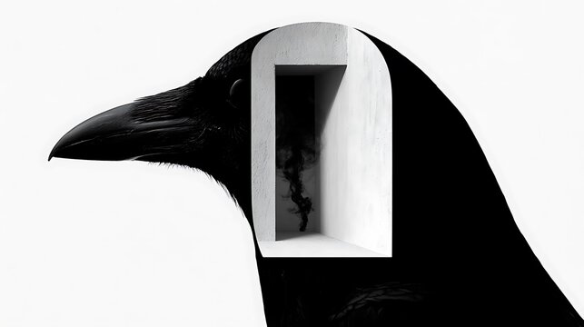 Prompt: A striking fine-art conceptual shot capturing hidden thoughts. A stark black silhouette profile of a crow's head is filled with a minimalist surreal dreamscape of a massive white plaster 