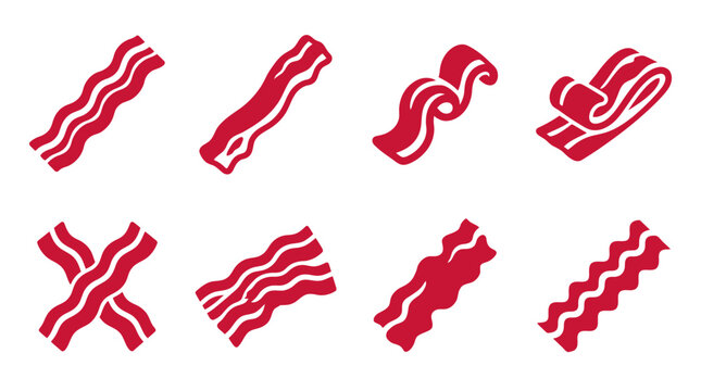 Red crispy bacon strips and slices icon set.