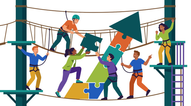 Diverse team building a puzzle arrow on a ropes course representing collaboration and success. EPS Editable. Vector Illustrations.