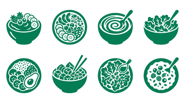 Green healthy salad and grain bowl icon set.