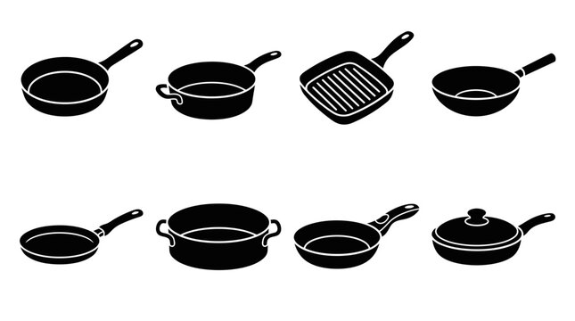 Black frying pan and skillet icon collection
