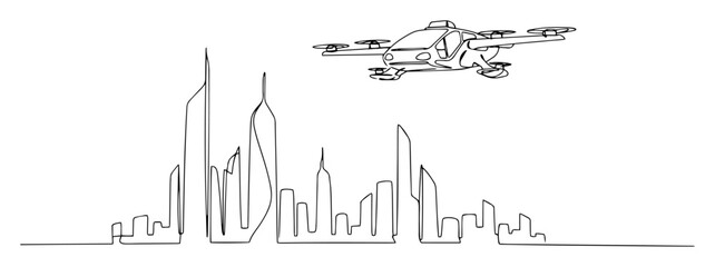Flying taxi drone above modern city skyline © Wieslaw