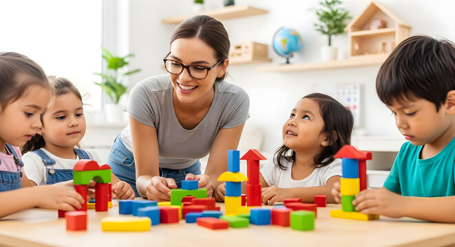 Friendly Female Teacher Playing With Happy Kids Using Colorful Blocks