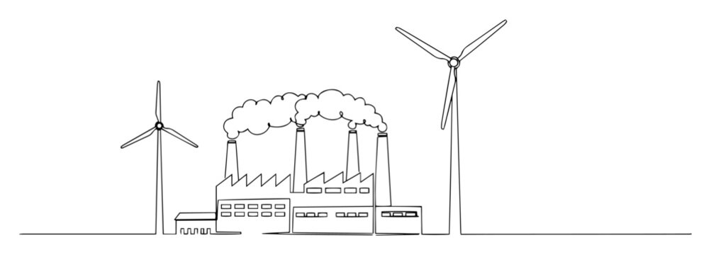 Factory with wind turbines outline drawing