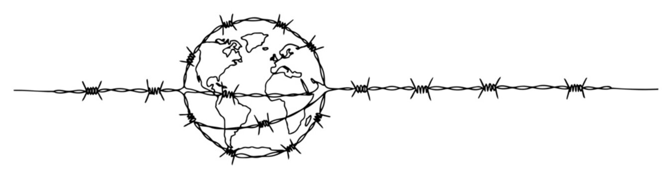 Globe entangled in barbed wire outline drawing