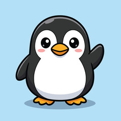 Fototapeta premium Friendly little penguin cartoon character waving hello against a light blue background