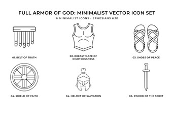 Full Armor of God Minimalist Vector Icon Set (6 Pieces). Complete collection of Christian symbolic art, Ephesians 6:10. Professional vector graphic set for religious apparel and church stationery © Biagio Alessandro