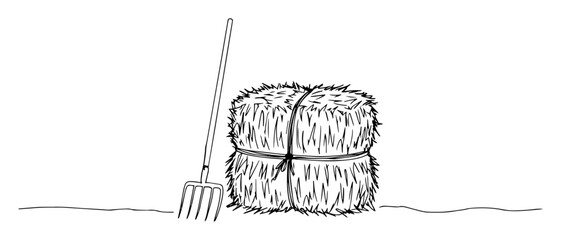 Hay bale and pitchfork on farm field monoline vector © Wieslaw