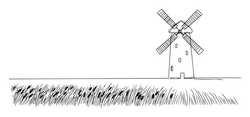 Windmill standing in field of grass monoline vector © Wieslaw