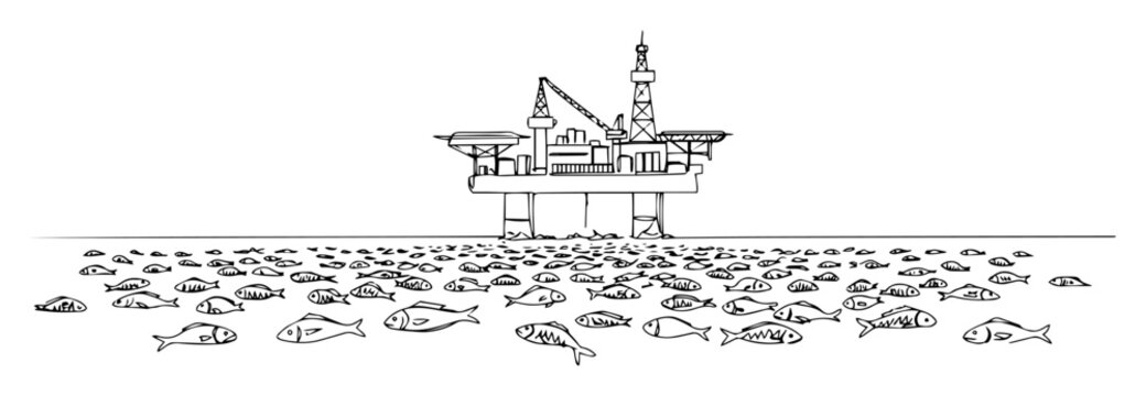 Offshore platform above mass dead fish monoline vector