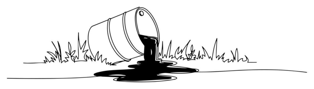 Spilled oil barrel on grass monoline vector