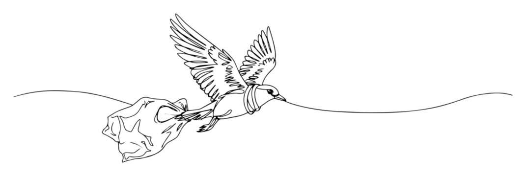 Bird entangled with plastic bag in flight monoline vector