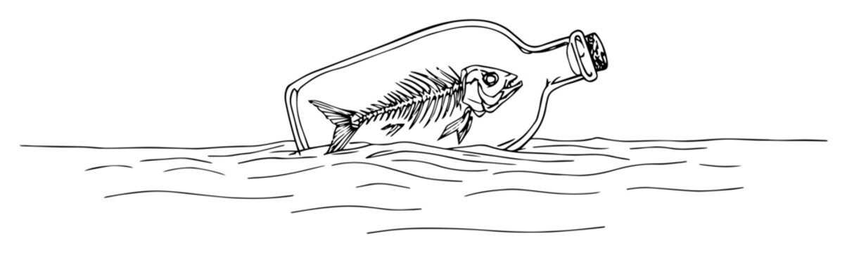 Dead fish inside bottle in ocean monoline vector