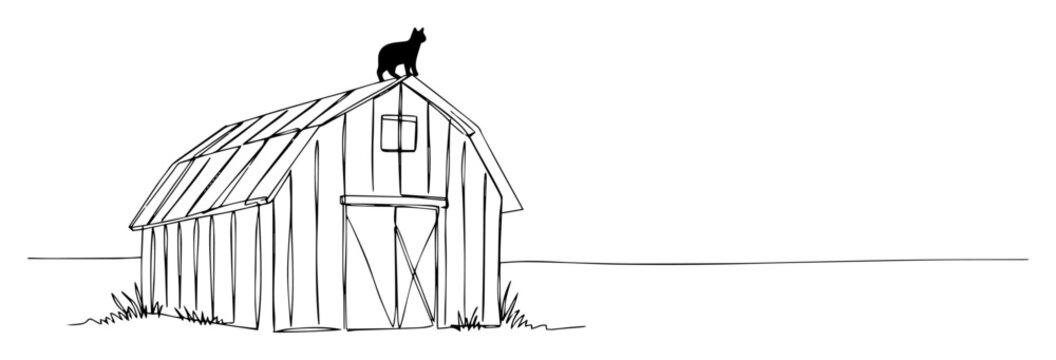 Barn with cat on roof countryside scene monoline vector