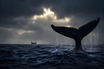 Naklejka premium Whale Tail Emerging from Stormy Ocean with Ancient Boat Silhouette on Horizon, Biblical Jonah and the Whale Concept, Dramatic Sea Scene for Religious and Inspirational Content
