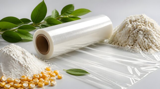 Roll of clear plastic wrap next to corn kernels and flour