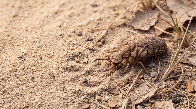 Antlion larva (doodlebug) crawling on sand
